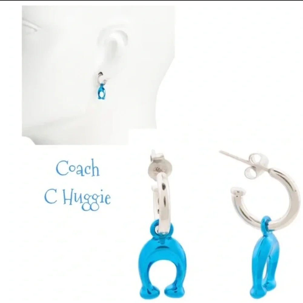 Coach Hanging C Huggie blue and silver earrings new with tag and pouch